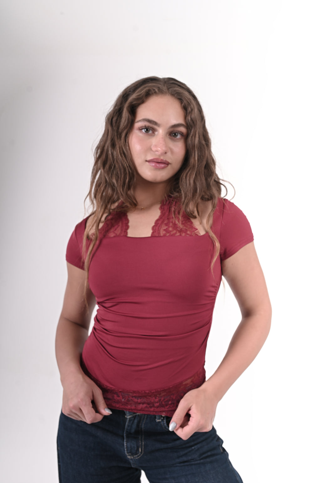 Lace Square Neck Top Short Sleeve