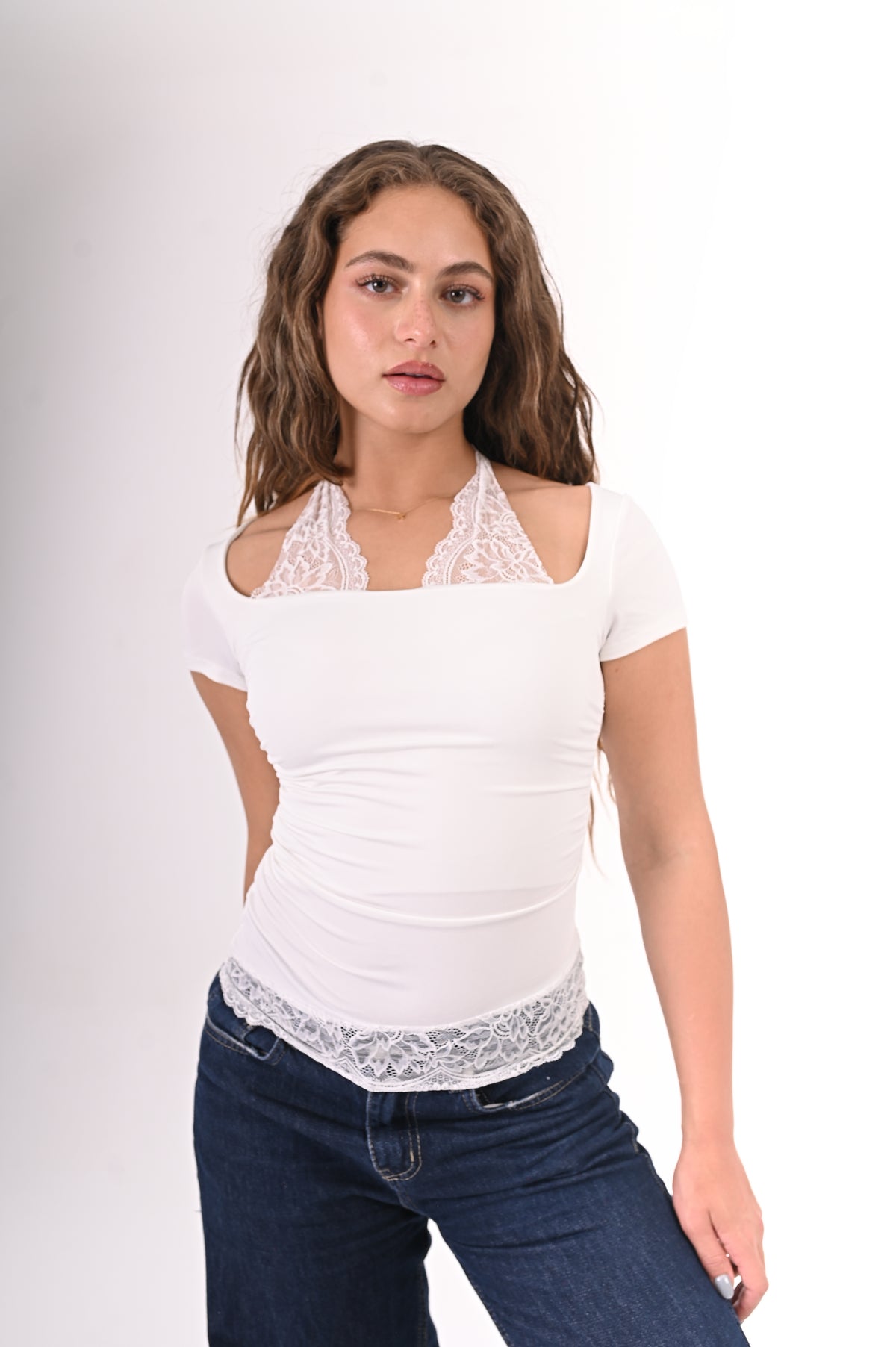 Lace Square Neck Top Short Sleeve