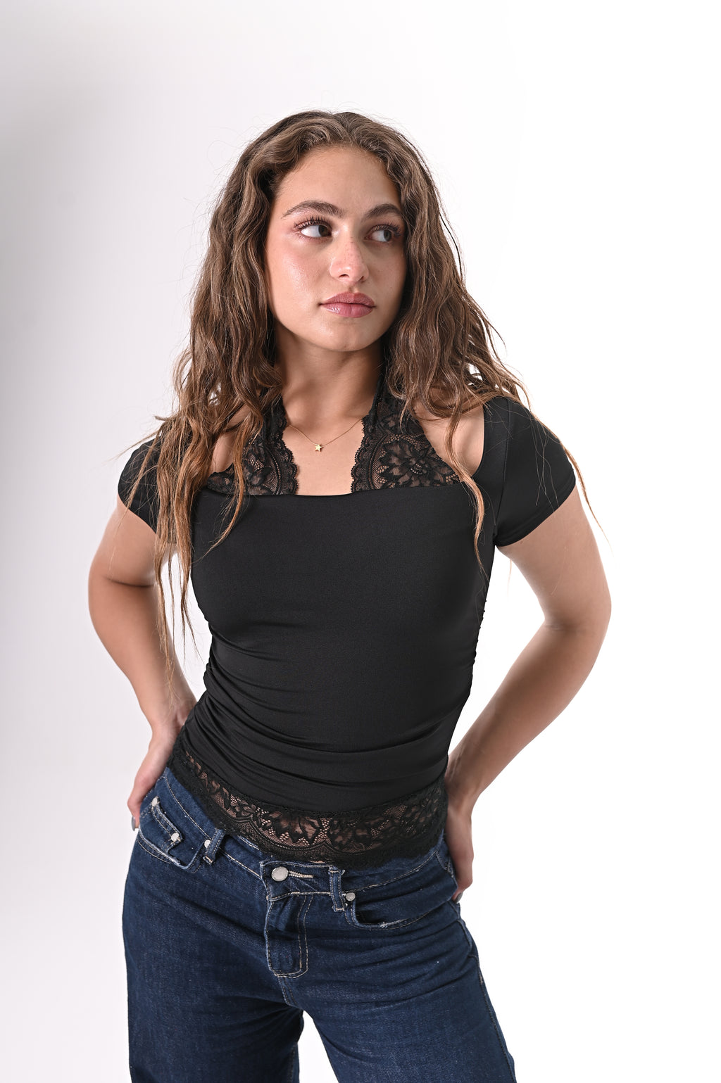 Lace Square Neck Top Short Sleeve
