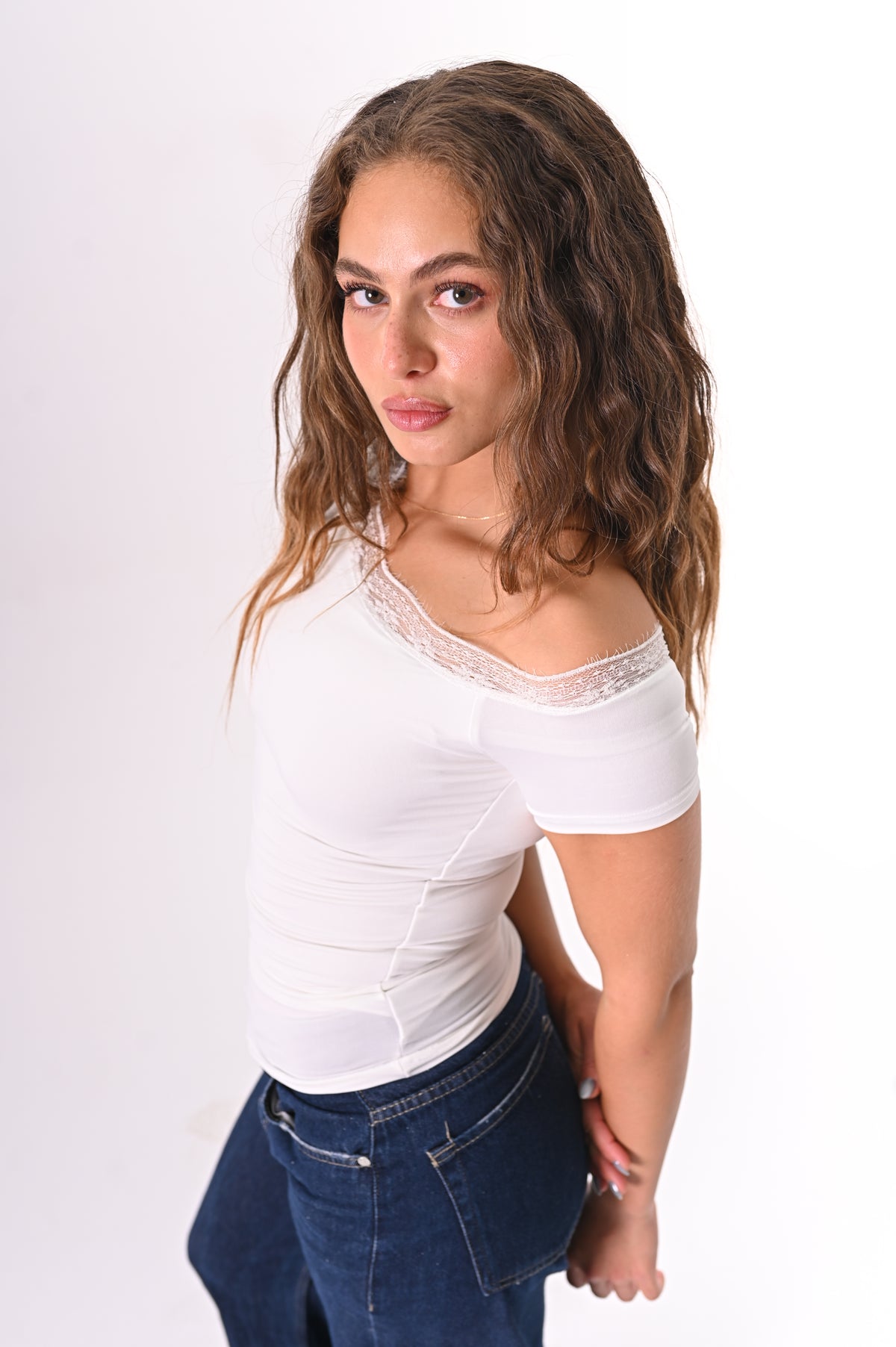 Lace-one shoulder top
