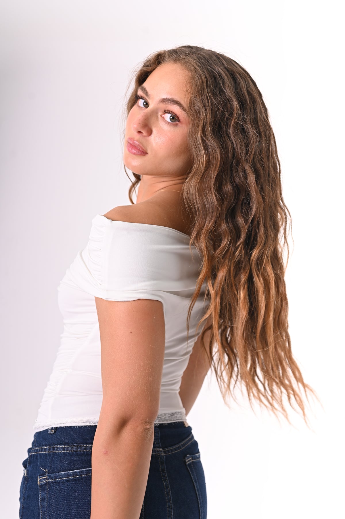 Lace-off shoulder top