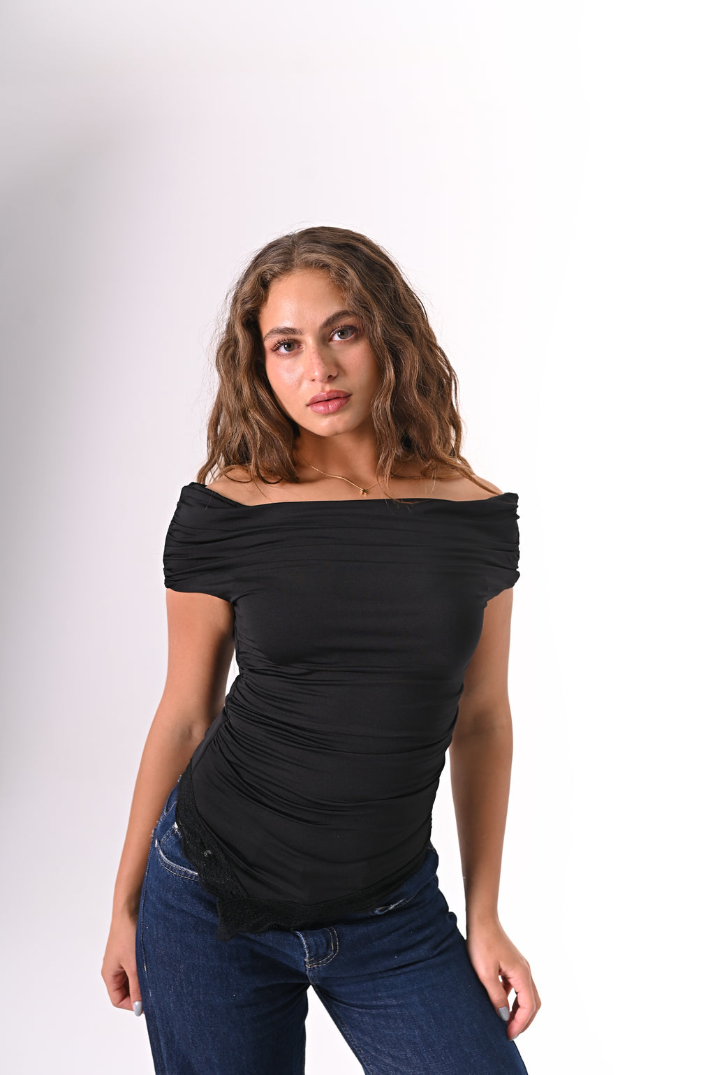 Lace-off shoulder top