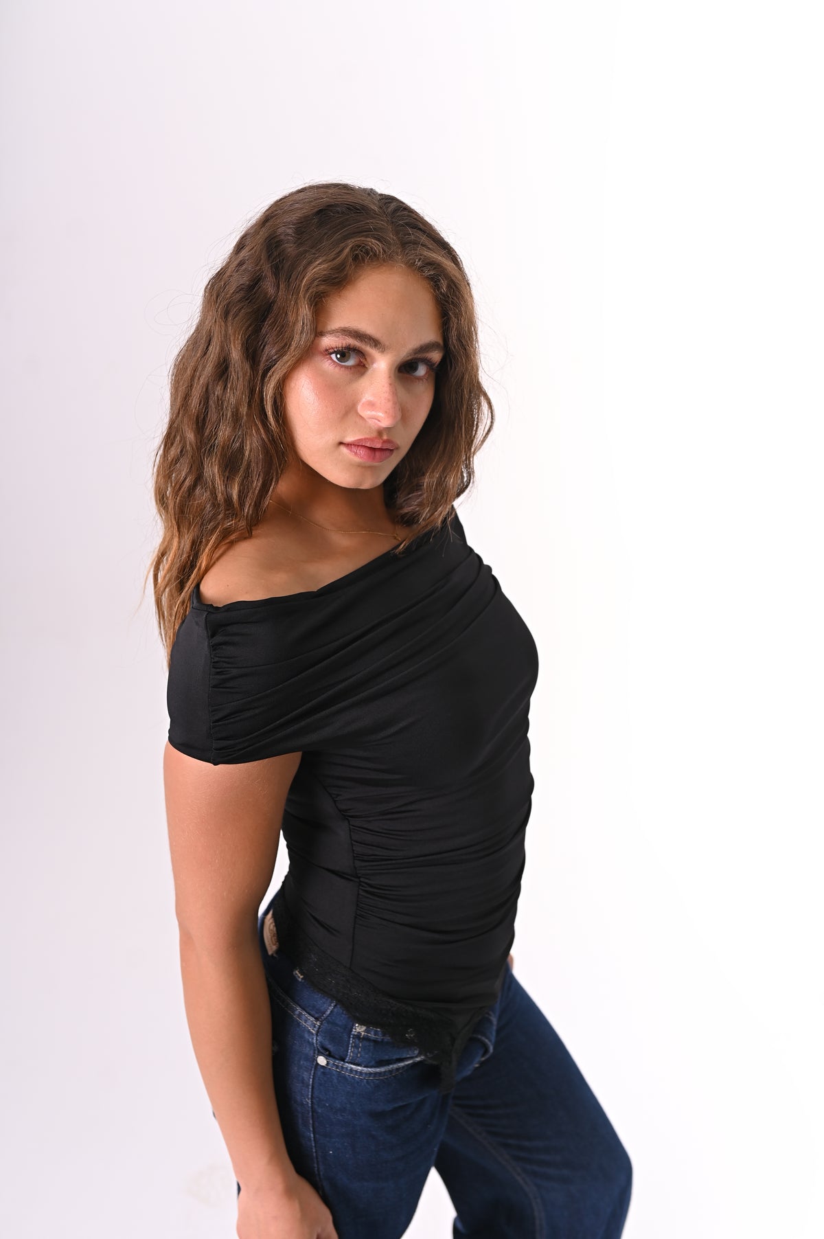 Lace-off shoulder top